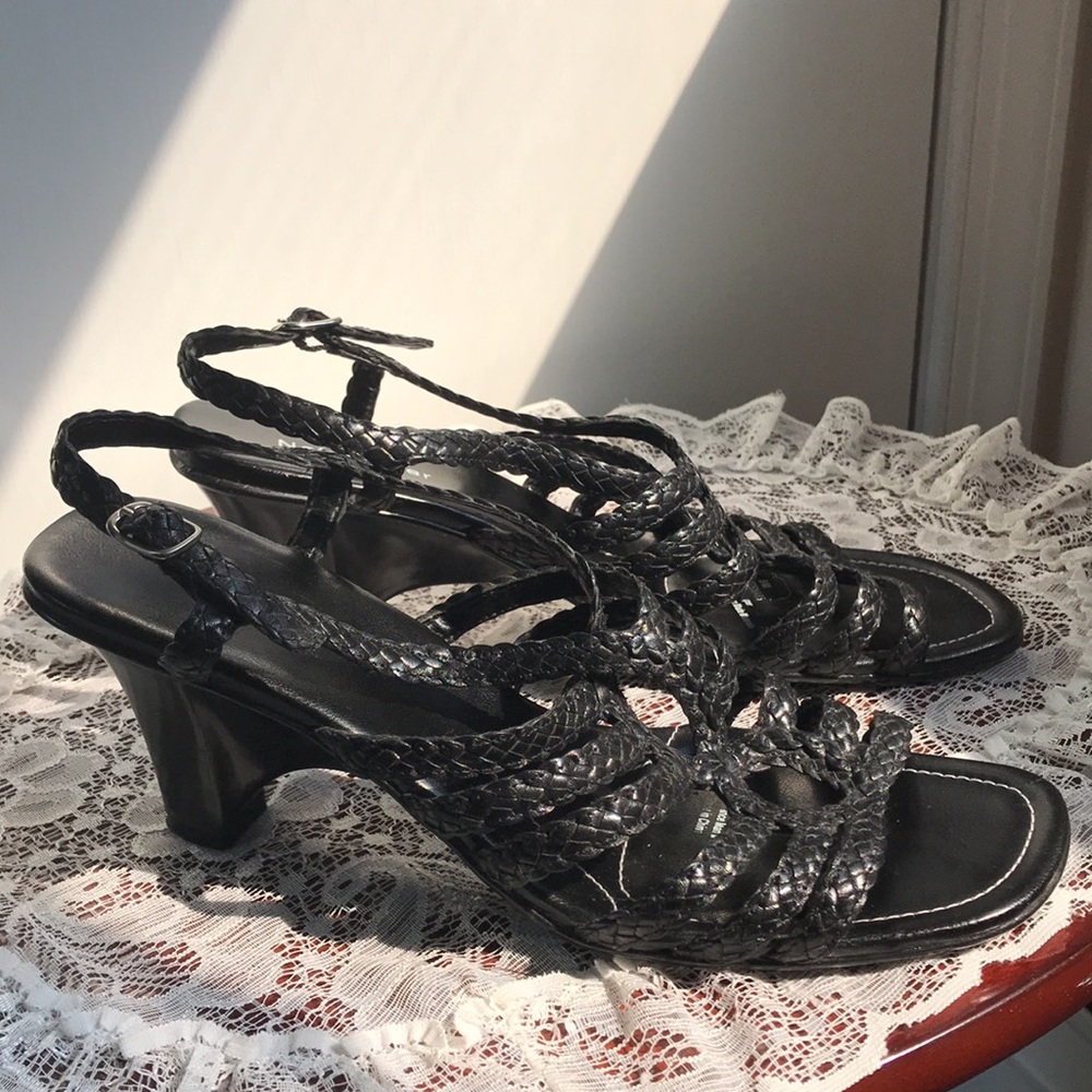 Black Braided Leather Slingback Heeled Sandals 9